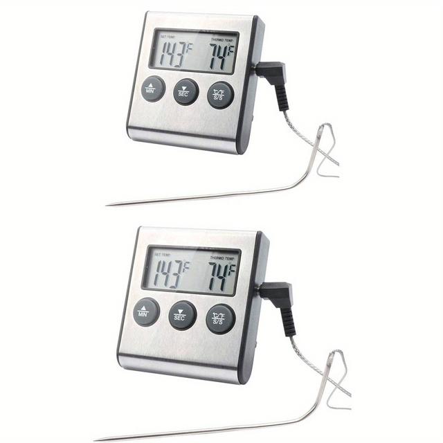 TEMU 2 Oven Meat Thermometer & Timer, Large Lcd Digital Cooking Food Thermometer With Probe, Stainless Steel Instant Read Grill/ Roasting Thermometers For Outdoor Oven Kitchen Bbq Turkey, Silver