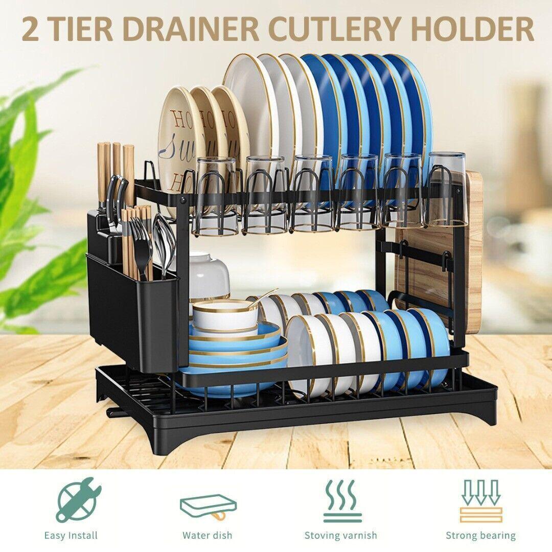 TEMU Black 2-tier Carbon Steel Dish Rack For Plates And Cups, With Draining Tray And Cutlery Holder For Home Storage