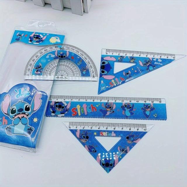 TEMU Juego de 4 Reglas de PVC Azul de Stitch - Herramientas de Medición con Diseño Divertido, Ideal para Estudiantes y Regalos de Dibujo, Regla, Transportador y Borrador