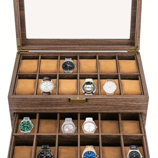 TEMU Watch Box With 24 Slots, 2-tier Solid Wood Watch Box With Large Glass Lid, Watch Box Case, Watch Box For Men And Women, Watch Display Box, Brown, 34 * 21 * 15cm