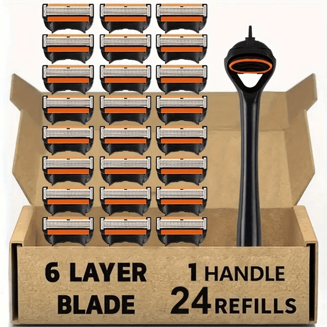 TEMU 1 Handle+24 Blades, Men's 6-layer Safety Shaver, Men's Manual Shaver Set, Used For Beard And Beard Trimming - And Clean, Providing A Smooth Shaving Experience