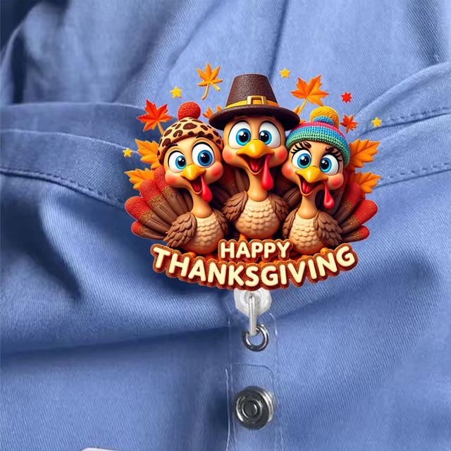 TEMU 1pc 2d Flat Retractable Badge Reel Accessories Cute Funny Acrylic Id Badge Holder With Clip Turkey Design For Office Nurse Teacher Thanksgiving Gifts 2d Flat