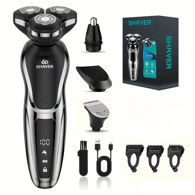 TEMU Afeitadora Eléctrica para Hombres, Afeitadora Multifuncional 4 en 1 para Afeitar, Cortar Pelo, Recortar Patillas y Recortar Nasal; Recargable por USB, Pantalla Digital, Regalo Ideal para Hombres