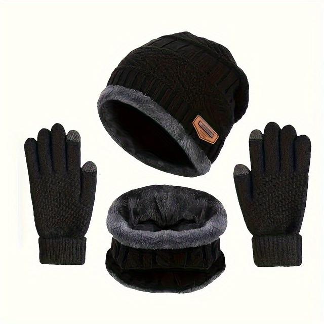 TEMU Men's Fleece-lined Knitted Gloves And Hat Set, Women's Outdoor Cold-resistant Winter Accessories With Mittens