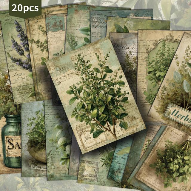TEMU 20 ks Zelených Bylinných Papírových Pohlednic - 4x6 Palců Papír pro Junk Journal, Klasické Pinup Ilustrace, Sběratelské Dekorační Malované Karty pro Scrapbooking a Tvoření