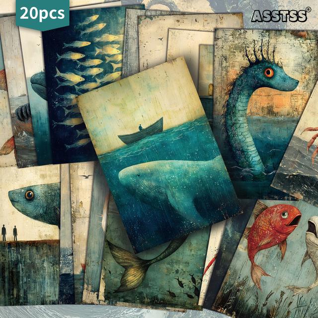 TEMU 20-pack Asstss Sea Creatures Ocean Monsters Gift Cards | 4x6 Inches Retro Junk Journal Paper, Classic Pinup Illustrations, Collectible Decorative Painting Cards For Scrapbooking & Crafting