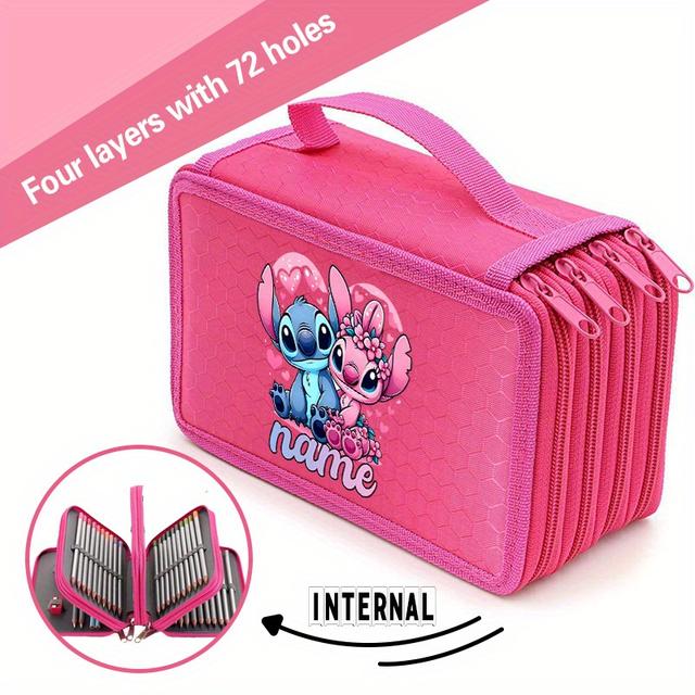 TEMU Personalized Custom Name Stitch & 4-layer Pencil Case With Garlands - 72-pen Capacity, Durable Fabric, For Painting, Sketching