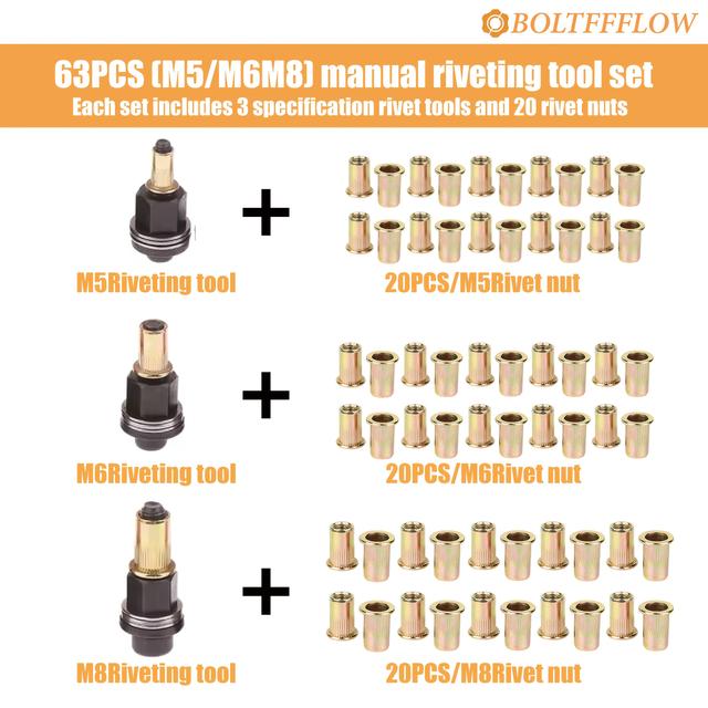 TEMU 63pcs Manual Set Galvanized Rivet Nuts Three-size Combination Kit Tools 7 Sizes M3~m12 Universal Aluminum Alloy Adapter Suitable Automotive Home Improvement Industrial Metal Handheld Adaptor