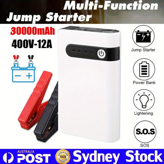 TEMU 30000mah Portable Car Jump Starter Vehicle Charger Power Bank Battery Engine 12v, Car Starting Led Light For Emergency Car Battery Booster, White