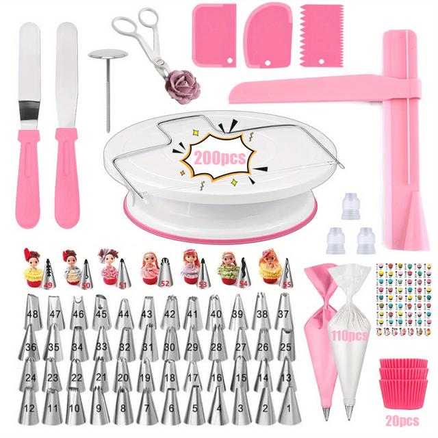 TEMU 200pcs Cake Decorating Set With Rotating Turntable, Piping Tips, Pastry Bags, And Baking Tools - Stainless Steel, Food-safe, Ideal For Cupcakes And , Cake Decorating Supplies