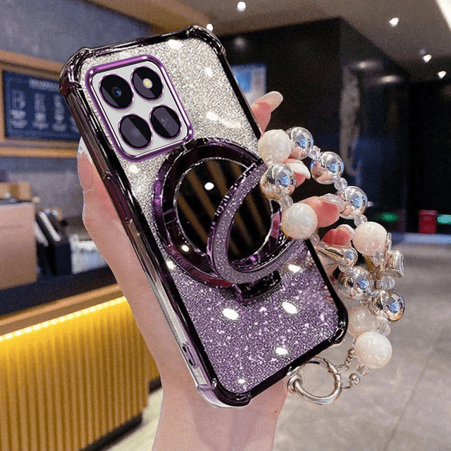TEMU Funda para Teléfono - Carcasa Protectora para Honor X6C, X6B y X6A con Anillo Magnético Plegable, Espejo de Maquillaje, Diseño Degradado con y Cubierta Trasera con una Elegante Cadena de Pulsera