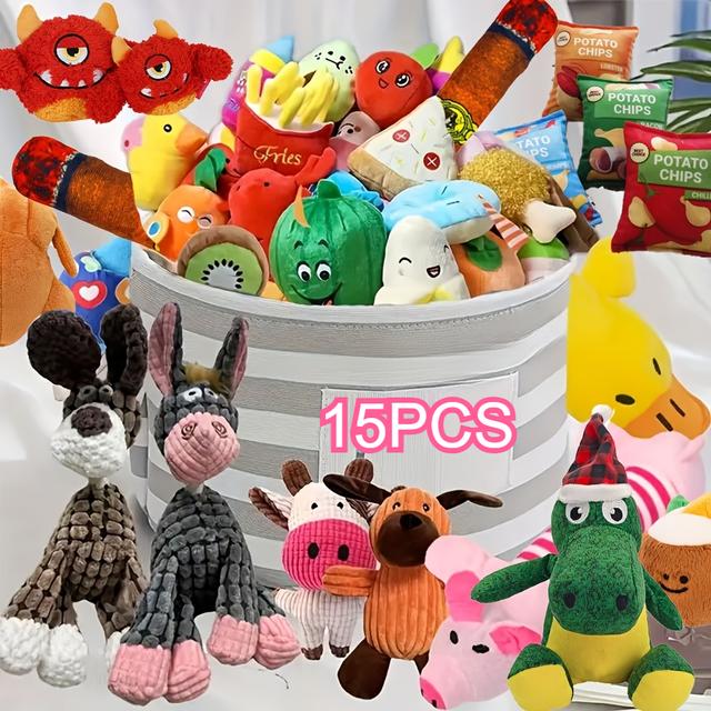 TEMU 15pcs Adorable Cartoon Plush Dog Toy Set - Durable Chew Toys For Teeth Cleaning, No Batteries Needed, "bb Bark" Fun Random Colors, Ideal For Small Breeds, Dog Toys