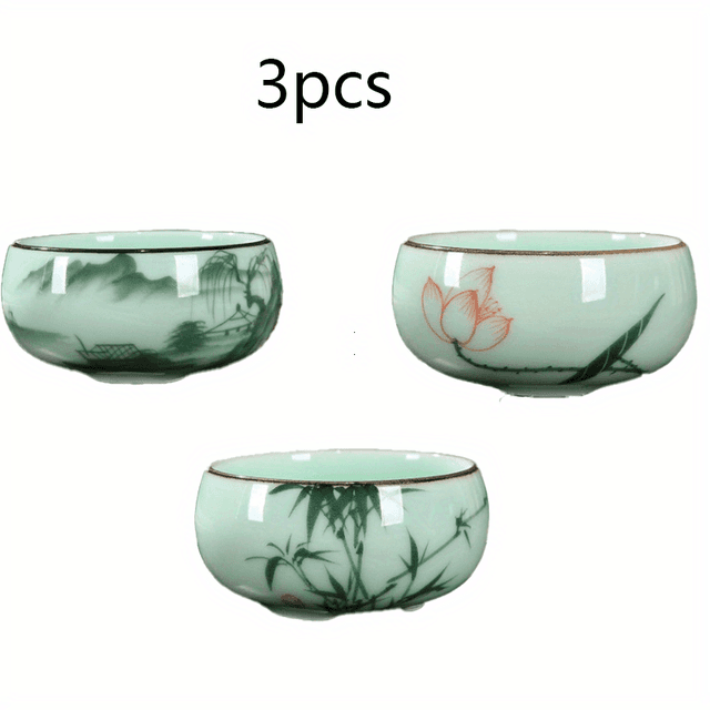 TEMU 3ks/sada Ručně malované čajové šálky v celadonovém stylu – Čínský lotosu a koi ryb, 80ml keramické šálky z bambusového dřeva, tradiční dvojité rybí vzory pro degustaci čaje