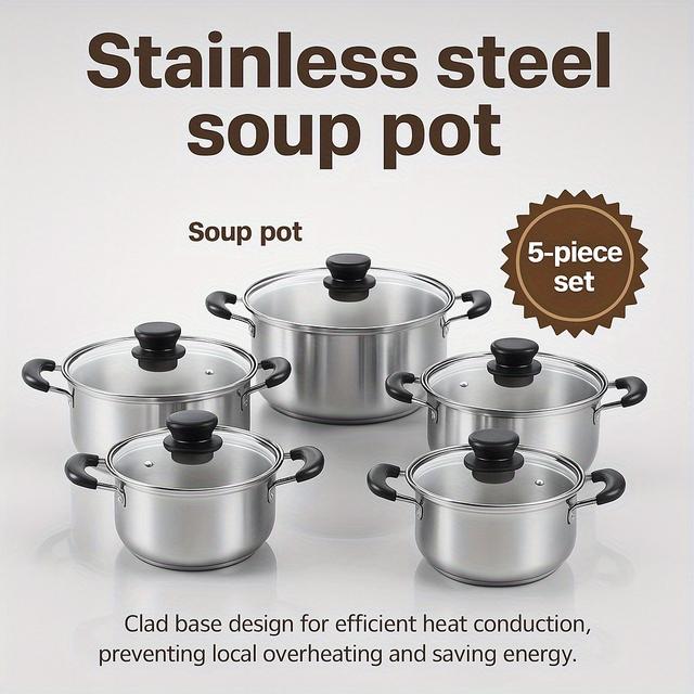 TEMU 5 Set Stainless Steel Cookware Set With 5 Pots And 5 Lids, Black Handles, Suitable Stoves, Suitable Soups, Hot Pot, Noodles, Pasta, , Etc., High Quality, Suitable Outdoor Camping, Supplies