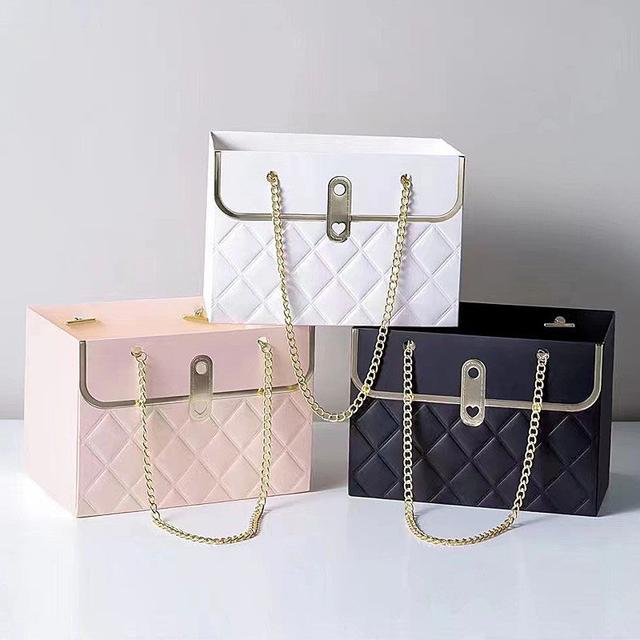 TEMU 3pcs Floralcraft Paper Gift Bags With Chain Handle - Multipurpose Bouquet Boxes For Wedding, Baby Shower, Party - Decorative Handbag Style Florist Boxes For Arrangements And Gift Wrapping