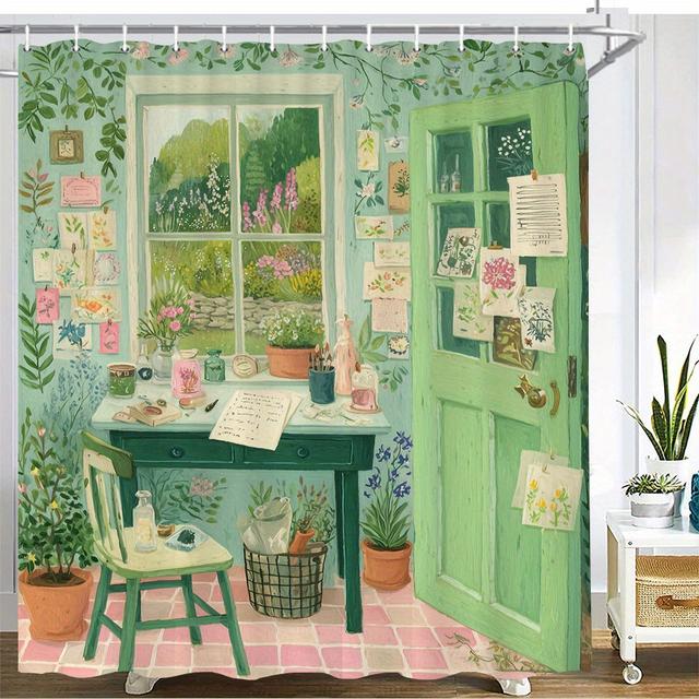TEMU 1개 빈티지 프렌치 컨트리 샤워 커튼 - 민트 그린 & 핑크 플로럴 욕실 장식, 풍부한 잎사귀 & 파스텔 창문 디자인 - 후크 포함 세탁기 사용 가능 - 작은 욕실을 위한 아늑한 식물 욕조 커튼 - 쉬운 청소 욕실 액세서리 (그린, 핑크, 민트) - 녹색 테이블 & 의자가 있는 기발한 정원 룸 일러스트 - 편안한 공간을 위한 부드러운 파스텔 컬러