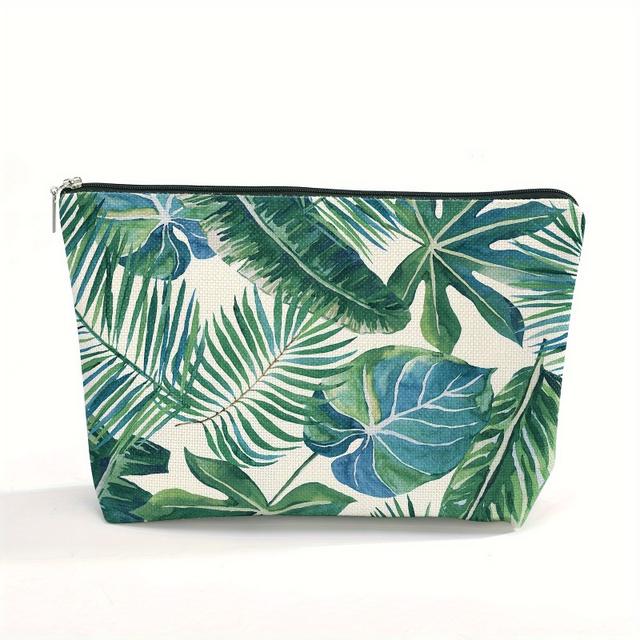 TEMU Tropical Leaf Print Makeup Bag For Women, Durable Toiletry Bag, Lightweight Zipper Cosmetic Storage Pouch, Unscented Travel Organizer, Small Cosmetic Bag