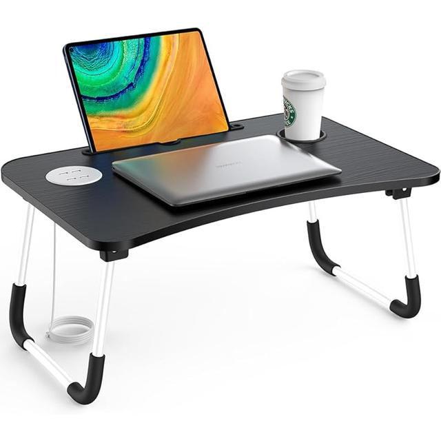 TEMU Elekin Portable Folding Lap Desk With Port, Storage Drawer & Cup Holder - Heavy-duty Mdf & Bed Table, Adjustable To 15.6" Laptop Compatible, Compact Bed/couch/ Desk For S,, Travel, Dorm