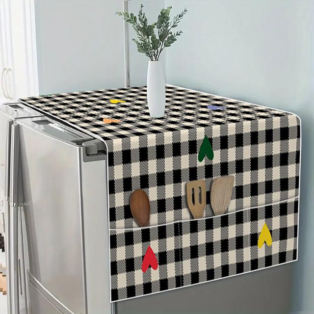 TEMU 블랙 앤 화이트 체크 패턴과 컬러풀 하트 프린트 냉장고 커버, 전자레인지 커버, 세탁기 커버, 건조기 커버, 수납형 멀티퍼퍼스 탑 커버, 사이드 포켓과 행잉백 포함, 홈 & 주방용 장식 수납 매트