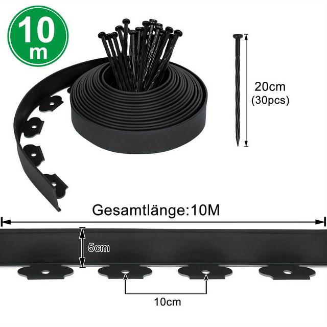 TEMU Bordure en Plastique Flexible pour Pelouse 10 Mètres, avec 30 Clous d'Installation, Bordure de de Fleurs Noir//Vert