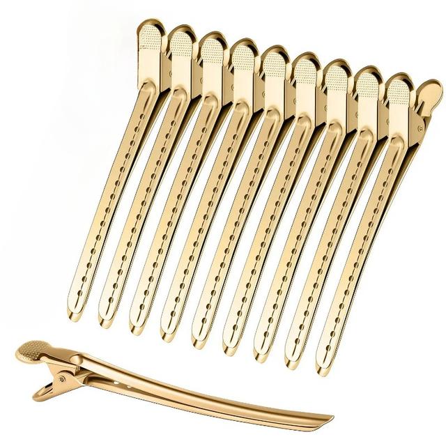 TEMU 10 ชิ้น คลิปผมสแตนเลสทองคำ - คลิปแบ่งผมที่ทนทานสำหรับการตัดผมที่แม่นยำ, เครื่องมือแต่งผมระดับซาลอนสำหรับผู้ชายและผู้หญิง, คลิปตัดผม