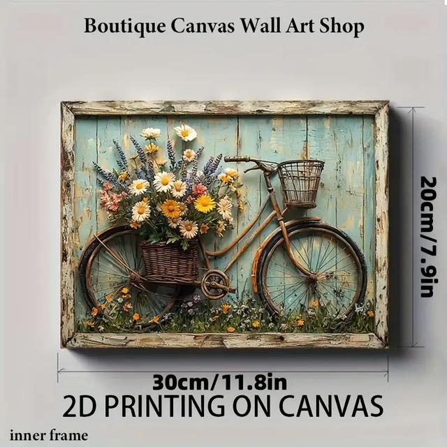 TEMU 2d Flat, 2d Vintage Bicycle And Wooden Print Wall Art- Countryside Style Blue Wooden Flat Print Background Countryside Landscape Painting, Suitable For Living Room, Kitchen Decoration, Gifts
