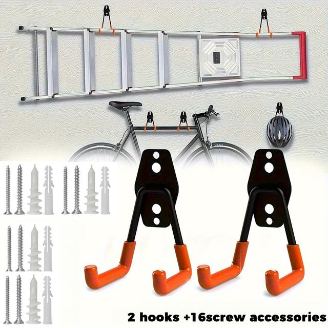 TEMU Set Of 2 Heavy-duty Metal Hooks With 18pcs, Designed For Wall-mounted Storage Organization. Includes 2 Utility Hooks And 16 Additions, Providing A Space-saving Solution For Garage , Tool Ladders