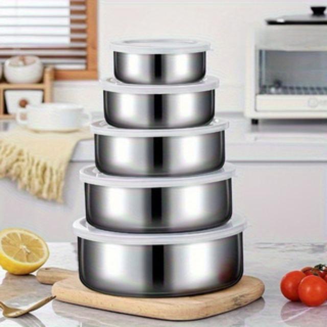 TEMU 10pcs (5 Lids + 5 Boxes) Stainless Steel Food Storage Containers Set With Leakproof Lids - Heavy Duty Stackable Round Bowls, Dishwasher Safe And Space Saving Black (meal Prep, Refrigerator