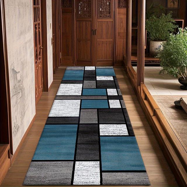 TEMU Tapete comprido de dourado com padrão axadrezado azul. e durável, ideal para pátios interiores e exteriores. tapete de é perfeito para usar em salas de jantar, quartos, hall de entrada, varandas.