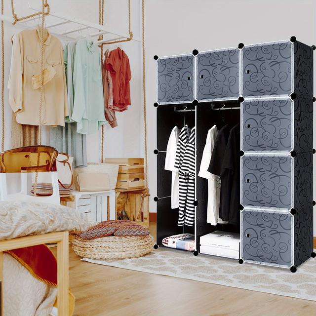 TEMU de estanterías para armario DIY con puerta Estanterías para armario con de interbloqueo Armario de plástico con 12 cajas Negro, Armarios portátiles