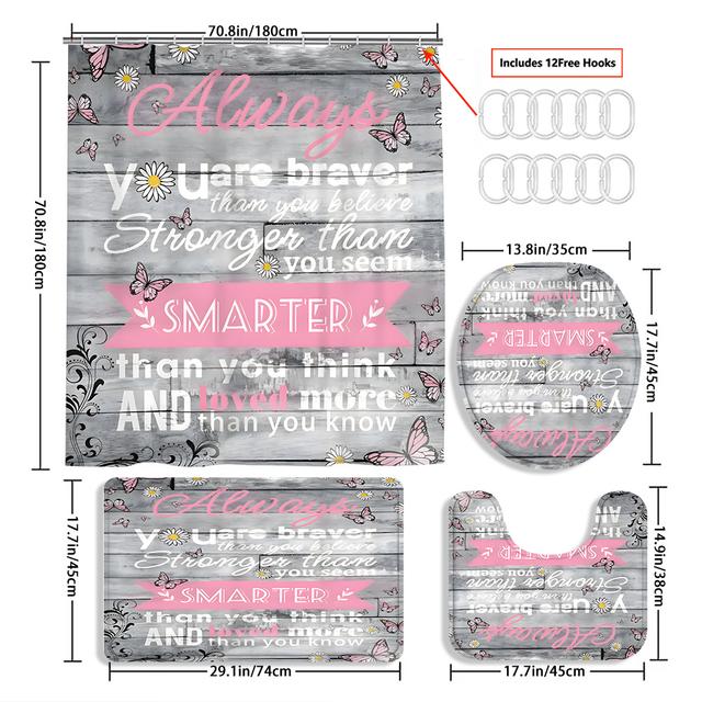 TEMU 4pcs Quote Shower Curtain Decoration, Beautiful Housewarming Gift Decoration, Shower Curtain And Toilet Floor Mat Three-piece Set Comes With 12 Shower Curtain Hooks