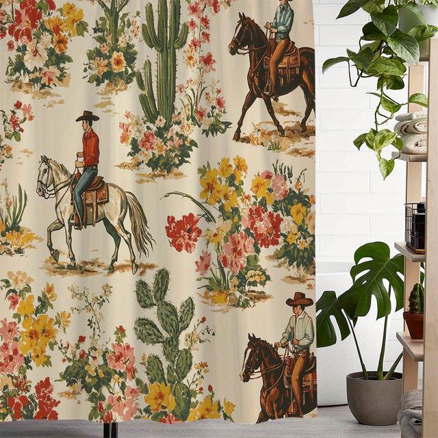 TEMU Vintage Western Cowboy Floral Cactus Print Shower Curtain/window Curtain With 12 Hooks