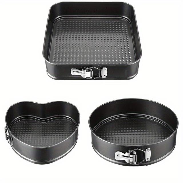TEMU [3pcss Cake Pan Set] 3pcss Durable Cake Pan Set With Removable Bottom Cake Mold Carbon Steel Round Heart-shaped Pan Pan Set, Black