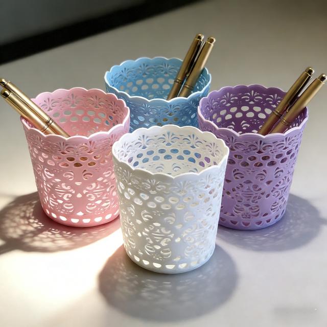 TEMU 4pcs Multicolor Lace Pen Holder Desk Storage Organizer Plastic Pencil Cup Cute Stationery Container For Office School Supplies 4 Colors