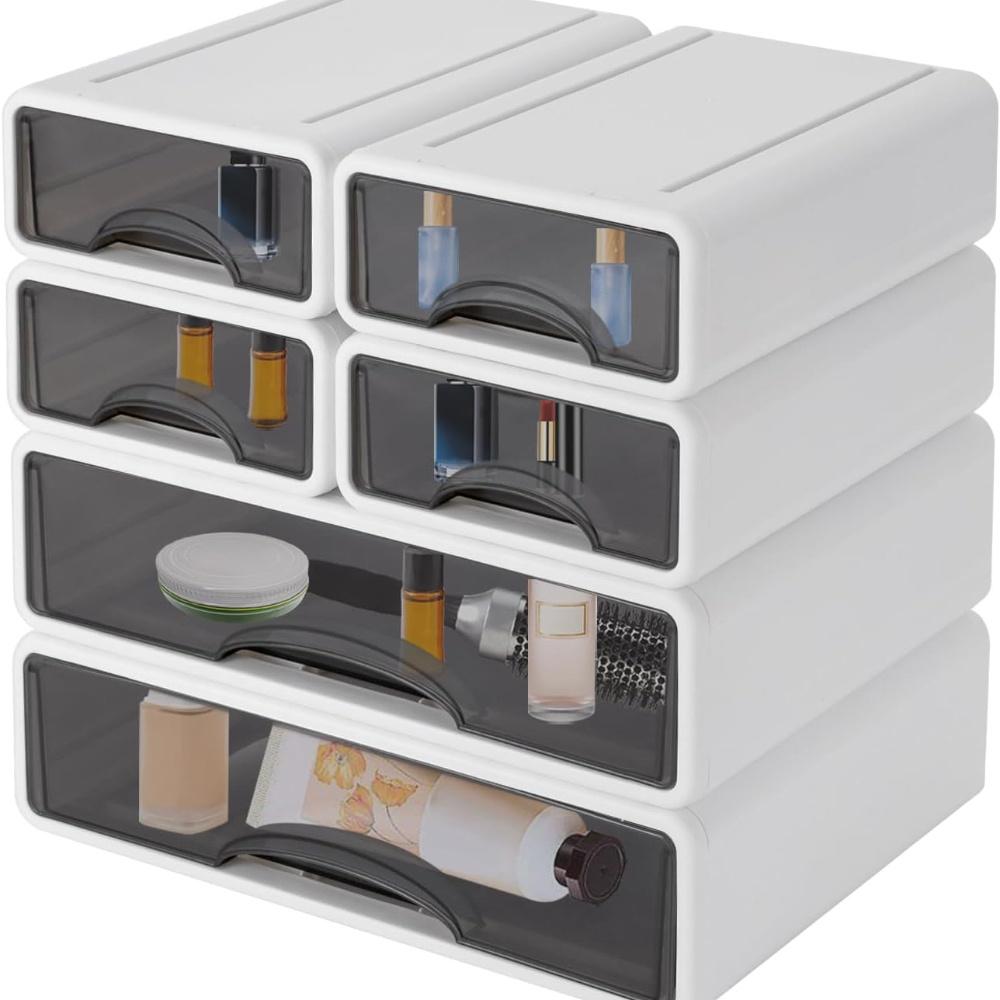 TEMU Office Organizer, 6 Compartments Closed Drawers, Stackable Plastic Office Drawer Box With Handles, Office Supplies, Table Organizer For Home Office, 34 X 25 X 33 Cm, White