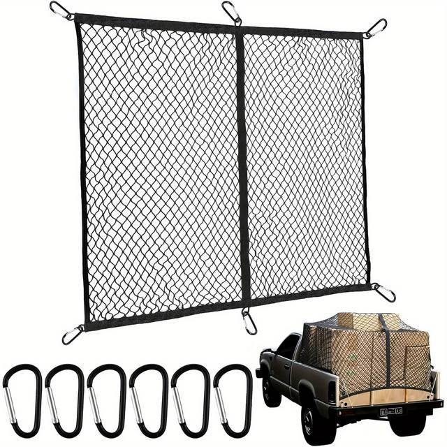 TEMU A Truck Bed Cargo Net Measuring 4'x4' That Can Stretch 'x7', Featuring A Single Layer Of Durable, High-elasticity Material, Equipped With 6 Metal Hooks, Suitable For Men As Truck Additions