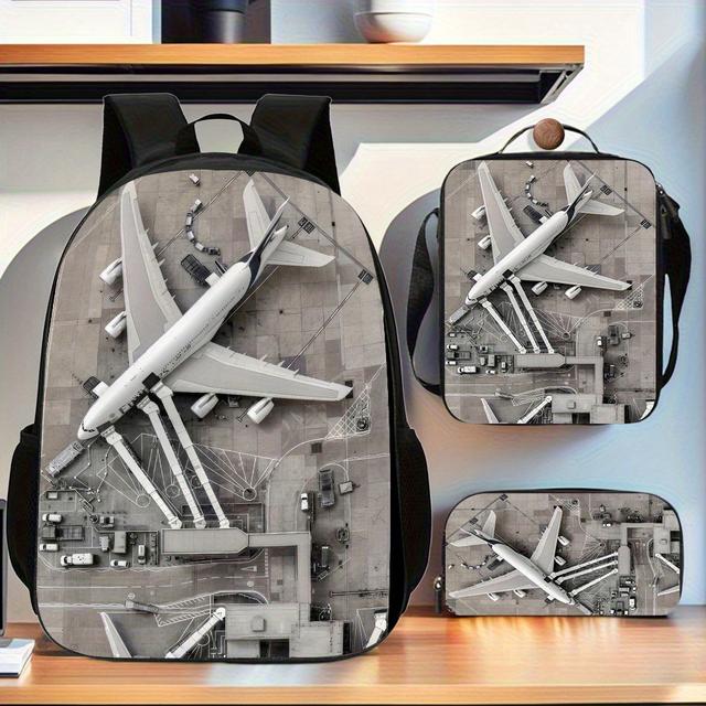 TEMU ชุดกระเป๋าเป้เครื่องบิน 3 ชิ้น, กระเป๋าอาหารกลางวัน 1 ใบ, กล่องดินสอ 1 ใบ, ความจุใหญ่ พร้อมซิปปิด, เหมาะสำหรับของขวัญวันหยุดหรือวันเกิด