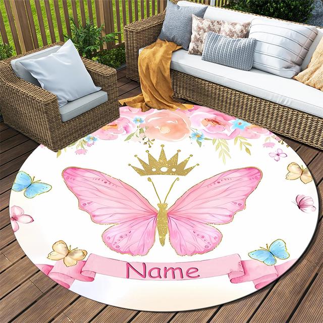 TEMU Personalized Butterfly Round Rug With Custom Name/text - Non-slip, Cushioned For Comfort - Living Room, Bedroom, Office Chair & More - Ideal Gift For Birthdays & Holidays, Best For Christmas