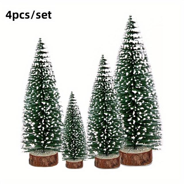 TEMU 4pcs Mini Snow-frosted Artificial Pine Christmas Trees Set - Plastic Tabletop Decorative Trees With Wooden Bases For Holiday Decorations