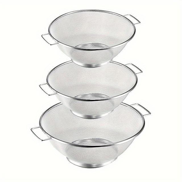 TEMU 3pcs Stainless Steel Strainer Set, Fine Mesh Strainer With Handle, Food-grade Metal Draining Basket For Pasta, Vegetables, Rice, Fruits, Kitchen Essentials