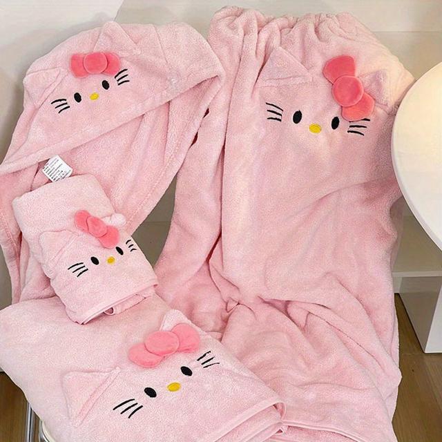 TEMU Hello Kitty Coral Fleece Absorbent Quick Dry Bath Towel Hooded Towel Set, Soft And Water Absorbent, Square Gram Weight 300g/㎡, Knit Fabric, Polyester And Nylon, For Home, Gift