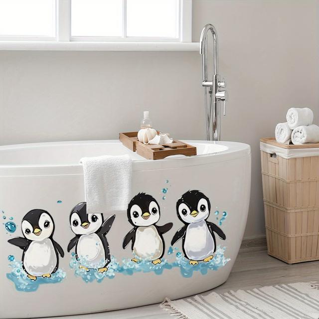 TEMU Adorable Penguin Bathing Scene Wall Stickers - Self-adhesive High Quality Plastic Decals For Bathtub, Bathroom, Living Room & Bedroom Decor - Easy Home Decoration
