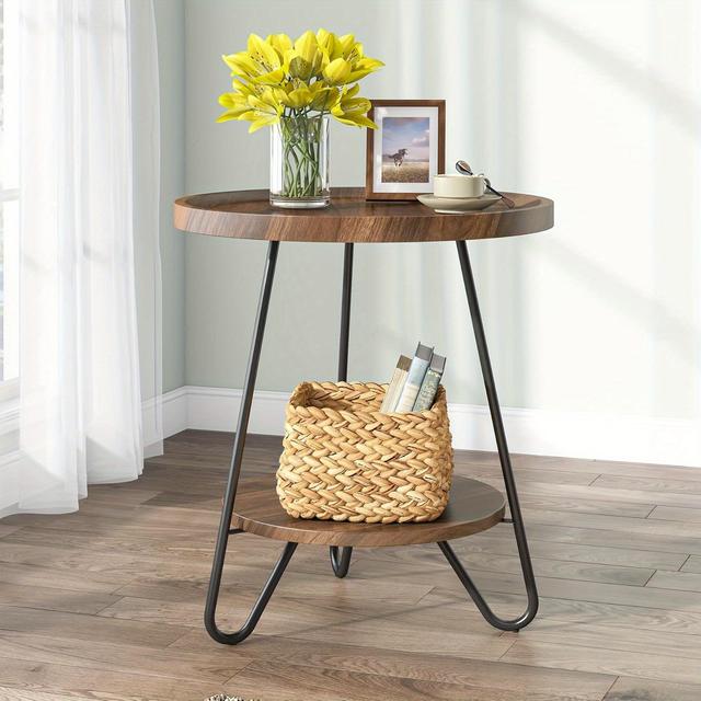 TEMU Modern -tier Side Table With Metal Legs, Brown Wood & Woven Basket Shelves – Space-saving Accent Table For Living Room Or Bedroom, Easy Assembly, Rustproof Design, Table Decor