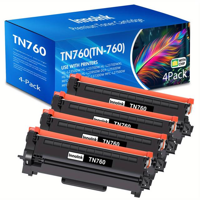 TEMU Tn760 4-packs Black Compatible For Brother Tn760/tn730 Tn-760 Tn 730 For Mfc-l2750dw Dcp-l2550dw Mfc-l2710dw Hl-l2370dw Hl-l2390dw Hl-l2395dw Hl-l2350dw Printer Ink