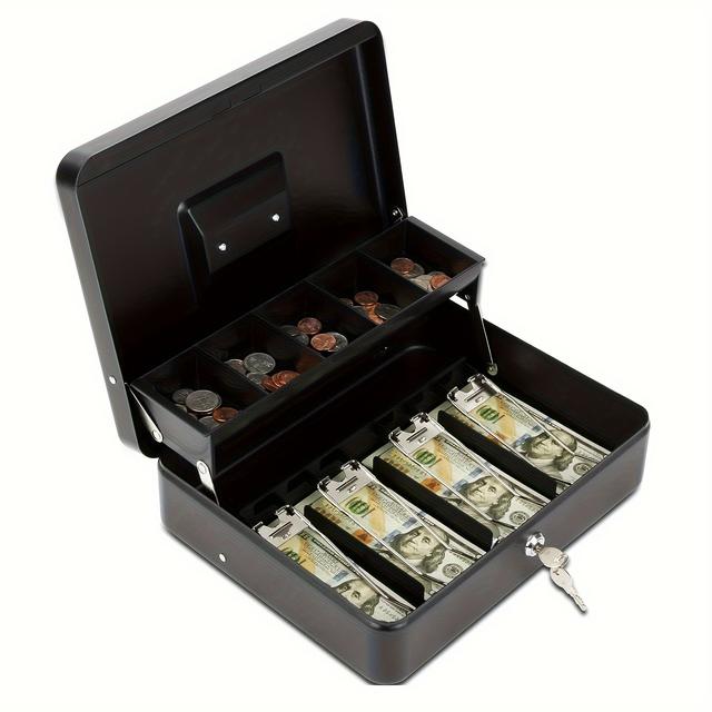 TEMU Kassenschachtel mit Schlüsselschloss, Geldkassette mit Sparschale und Schlüsselschloss, 4 Geldscheinfächer und 5 Münzschlitz, Großer mit Schlüssel, Metall-Aufbewahrungsbox, Schwarz