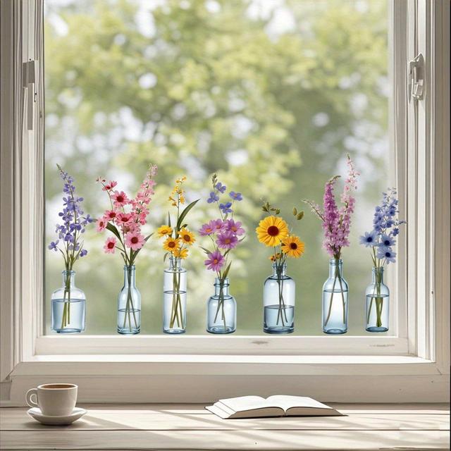 TEMU Gyönyörű váza virágrendezéssel. Statikus elektromossággal működő üveg faldekoráció. Konyhákba, nappalikba és hálószobákba ideális ablakdíszítés. Adj romantikát otthonodhoz ezzel a matricával!