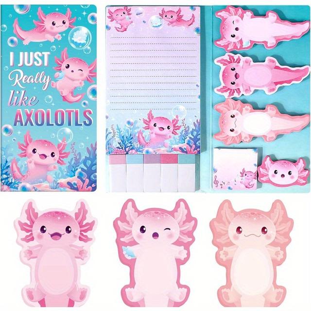 TEMU Adorable Axolotl Sticky Notes Set - Cartoon Memopads, Self-adhesive Pads, Pastel Bookmark, And Writing Notepad For Students And Office Supplies