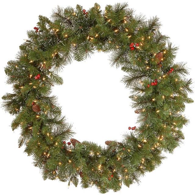 TEMU Pre-lit Artificial Christmas Wreath, Green, , White Lights, Decorated With Pine Cones, Berry Clusters, Frosted Branches, Christmas Collection