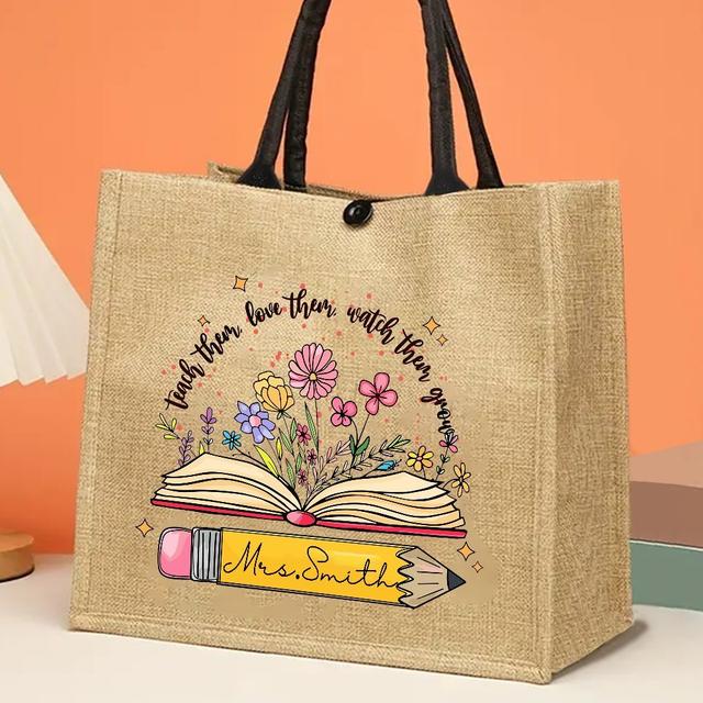TEMU Customizable Teacher Canvas Tote Bag - Personalized Jute Carryall With Inspirational Quote & , Perfect Gift For Teachers, Retirement, Or New Teachers, Ba