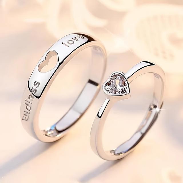 TEMU Adjustable Heart-shaped Couple Rings, Elegant And Minimalist Style Promise Rings For Men And Women, Silvery Letter Jewelry Valentine's Day Gift For Girlfriend